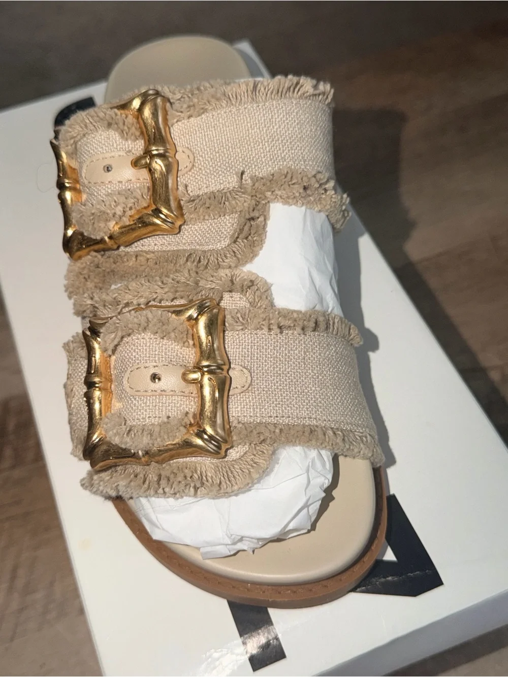 SCHUTZ Beige Canvas Double-Buckle Slide Sandal with Gold Buckles